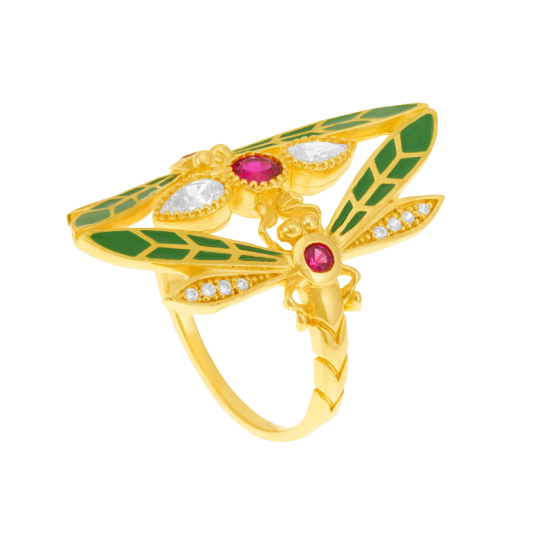 Bague en plaqué or, oxydes de zirconium et laque, libellule