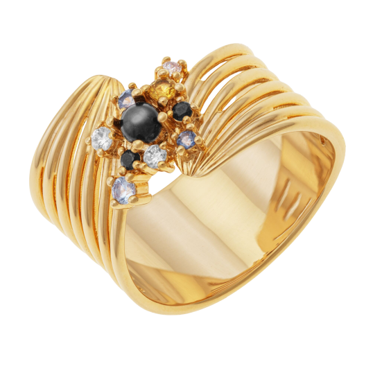 Bague en plaqué or, oxydes de zirconium et nacre noire