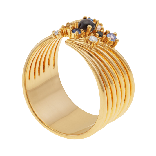 Bague en plaqué or, oxydes de zirconium et nacre noire