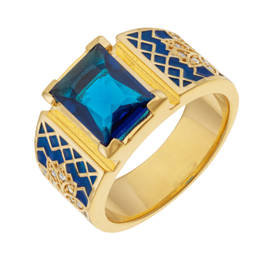 Bague en plaqué or, oxydes de zirconium, verre et laque