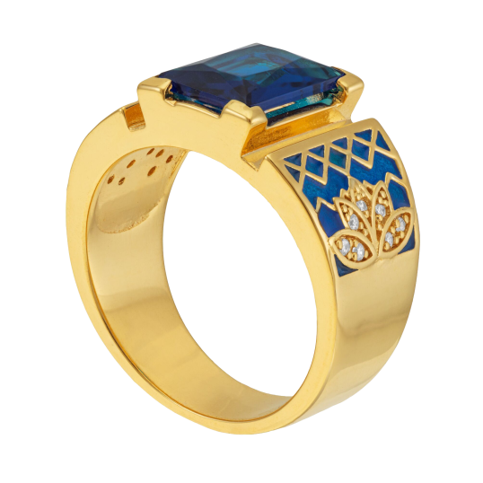 Bague en plaqué or, oxydes de zirconium, verre et laque