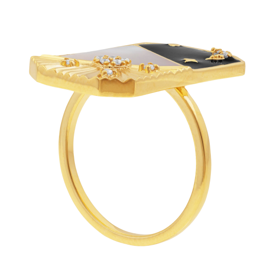 Bague en plaqué or, oxydes de zirconium, nacre et laque
