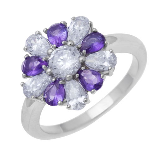 Bague en argent rhodié, améthystes et oxydes de zirconium