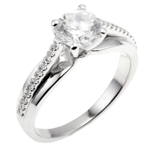 Bague solitaire accompagné en argent rhodié, oxydes de zirconium