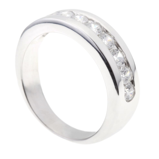 Demi alliance en argent rhodié, oxydes de zirconium serti rail