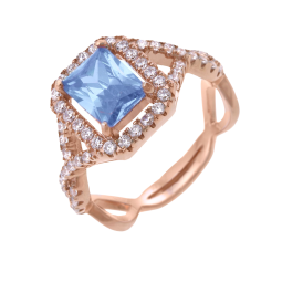 Bague en argent doré rose, oxydes de zirconium bleu et blancs