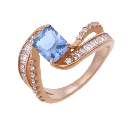 Bague en argent doré rose, oxydes de zirconium bleu et blancs