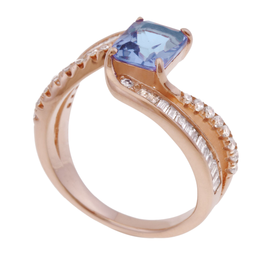 Bague en argent doré rose, oxydes de zirconium bleu et blancs