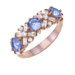 Bague en argent doré rose, oxydes zirconium bleu