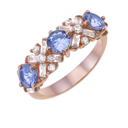 Bague en argent doré rose, oxydes zirconium bleu Bague en argent doré rose, oxydes zirconium bleu