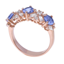 Bague en argent doré rose, oxydes zirconium bleu