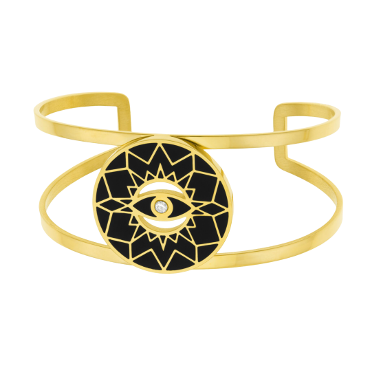 Bracelet jonc en acier doré, oxyde de zirconium et laque noire