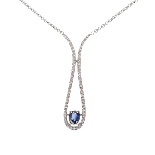 Collier en argent rhodié, goutte, saphir et oxydes de zirconium