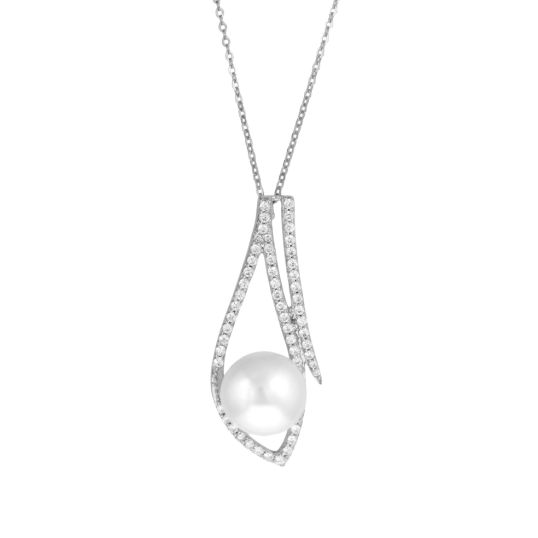 Collier en argent rhodié, perle de culture et oxydes de zirconium