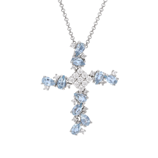 Collier en argent rhodié, oxydes de zirconium blancs et bleus