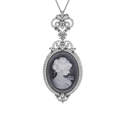 Collier en argent rhodié noir, camée résine et oxydes de zirconium