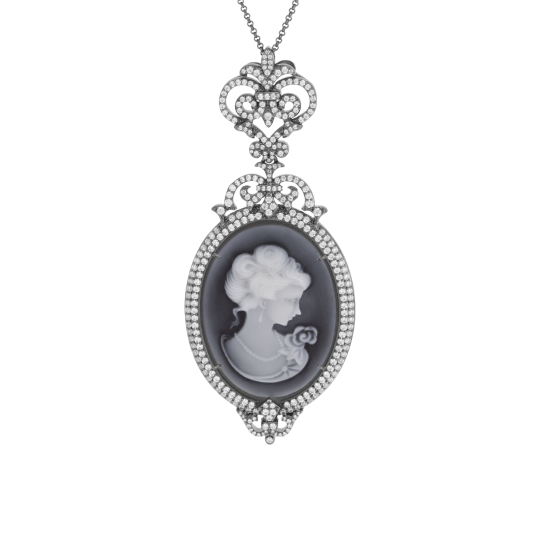 Collier en argent rhodié noir, camée résine et oxydes de zirconium