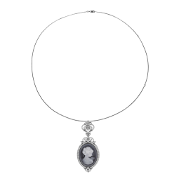 Collier en argent rhodié noir, camée résine et oxydes de zirconium
