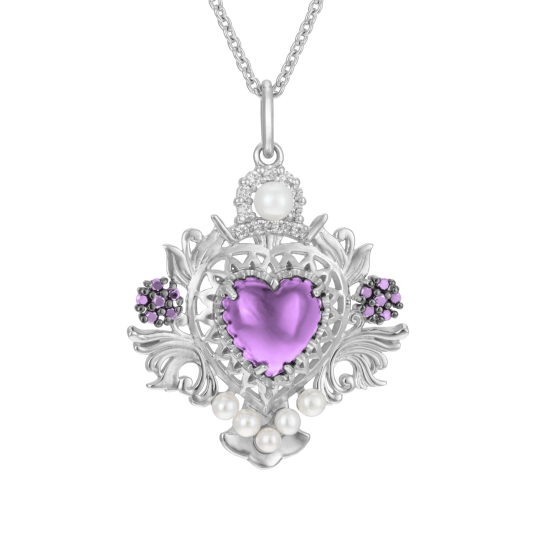 Collier en argent rhodié, verre, perles de culture et oxydes de zirconium