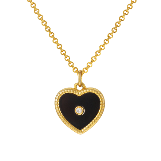 Collier en argent doré, onyx et oxyde de zirconium, coeur Collier en argent doré, onyx et oxyde de zirconium, coeur