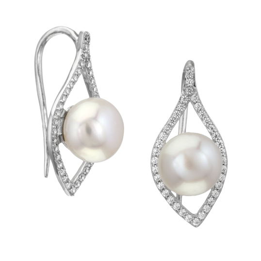 Boucles en argent rhodié, perle de culture et oxydes de zirconium Boucles en argent rhodié, perle de culture et oxydes de zirconium