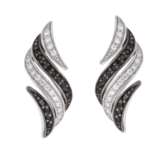 Boucles d'oreilles en argent rhodié et rhodié noir, oxydes de zirconium blancs et noirs