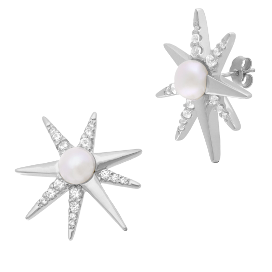Boucles d'oreilles en argent rhodié, perle de culture et oxydes de zirconium, étoile