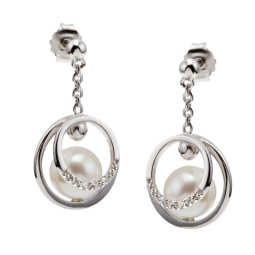 Boucles d'oreilles en argent rhodié, perle de culture et oxydes de zirconium