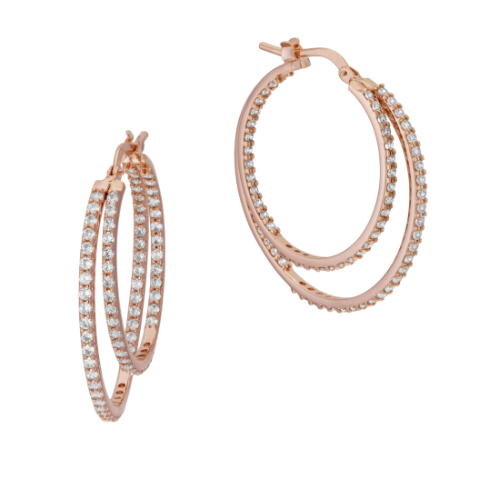 Créoles double fils en bronze plaqué or rose et oxydes de zirconium