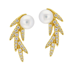 Boucles d'oreilles en argent doré,  perle de culture et  oxydes de zirconium