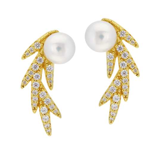 Boucles d'oreilles en argent doré,  perle de culture et  oxydes de zirconium