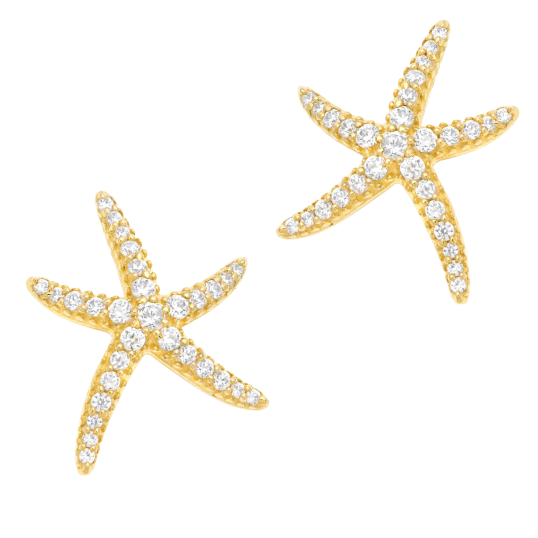Boucles d'oreilles en argent doré et oxydes de zirconium, étoile de mer