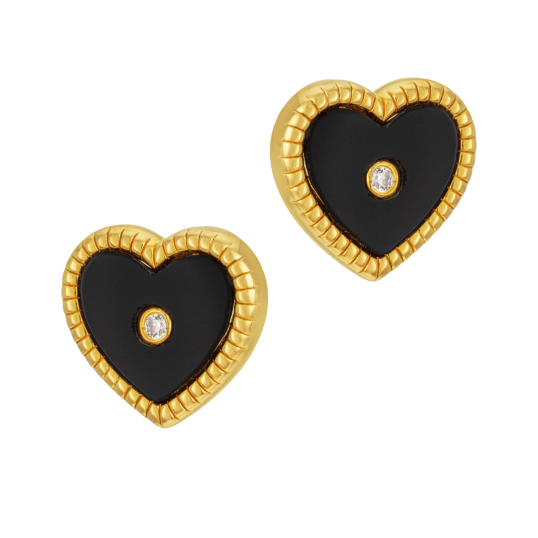 Boucles d'oreilles en argent doré , onyx et oxydes de zirconium, coeur