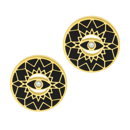 Boucles d'oreilles en acier doré, oxyde de zirconium et laque noire