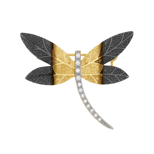 Broche en plaqué or et oxydes de zirconium, libellule 