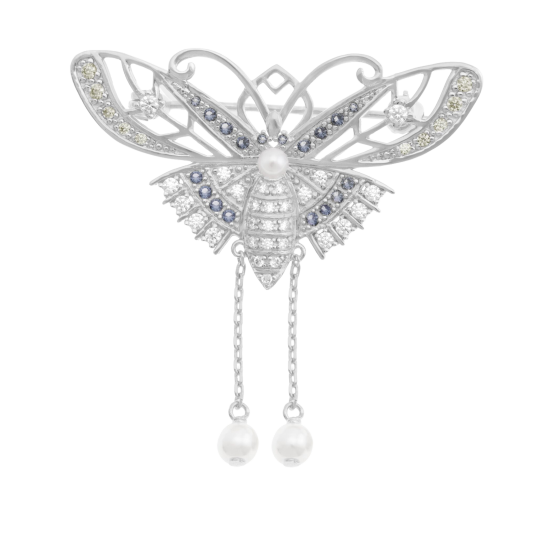 Broche en argent rhodié, perles de culture et oxydes de zirconium, papillon
