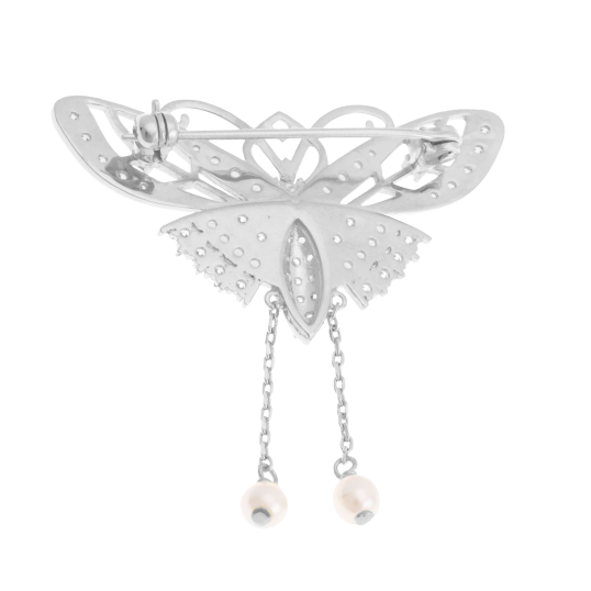Broche en argent rhodié, perles de culture et oxydes de zirconium, papillon