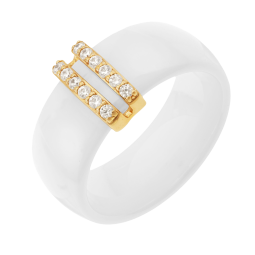 Bague en plaqué or, oxydes de zirconium et céramique blanche