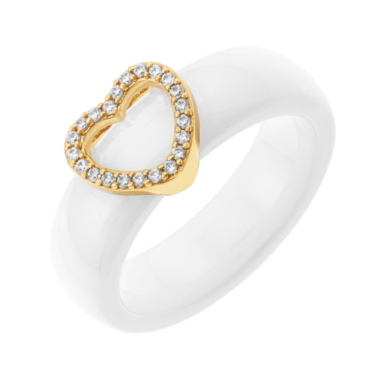 Bague en plaqué or, oxydes de zirconium et céramique, coeur