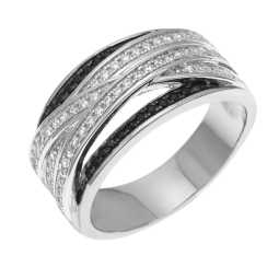 Bague en argent rhodié et rhodié noir, oxydes de zirconium