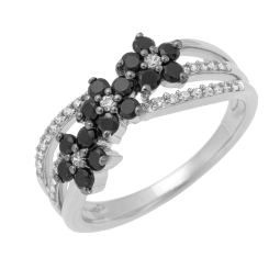 Bague en argent rhodié et rhodié noir, oxydes de zirconium 