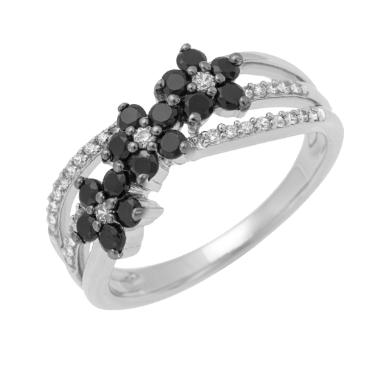 Bague en argent rhodié et rhodié noir, oxydes de zirconium 