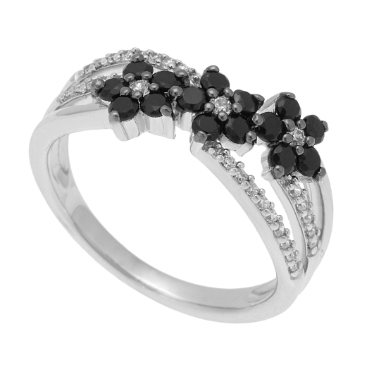 Bague en argent rhodié et rhodié noir, oxydes de zirconium 
