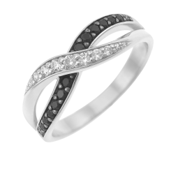 Bague en argent rhodié et rhodié noir, oxydes de zirconium noirs et blancs