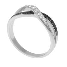 Bague en argent rhodié et rhodié noir, oxydes de zirconium noirs et blancs