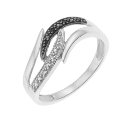 Bague en argent rhodié et rhodié noir et oxydes de zirconium noirs et blancs