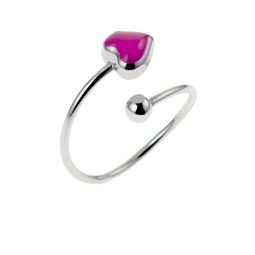 Bague en argent rhodié, coeur laque rose