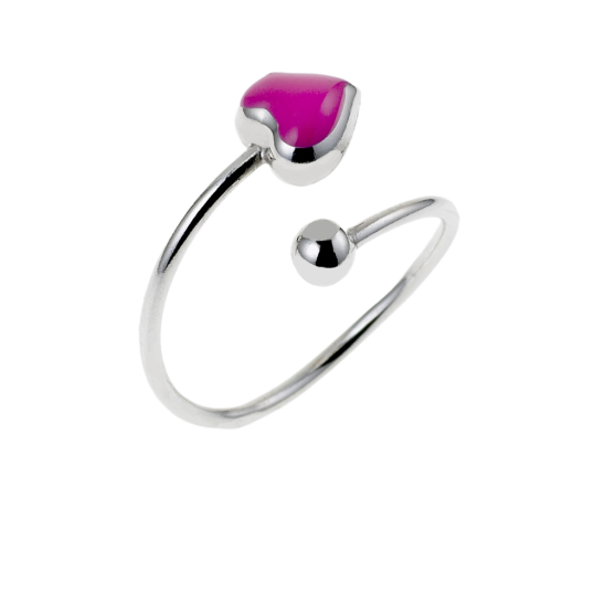 Bague en argent rhodié, coeur laque rose