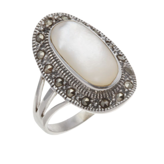 Bague en argent vieilli, nacre et marcassites