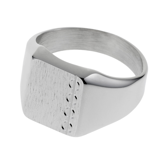 Chevalière rectangle en argent rhodié, diamantée sur les côtés